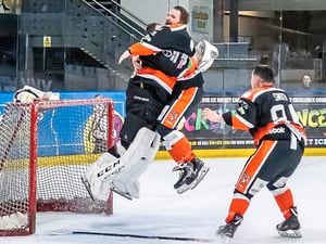 Zack Brown (netminder), Paul Davies and James Smith celebrate at the final buzzer               Picture: Steve Brodie