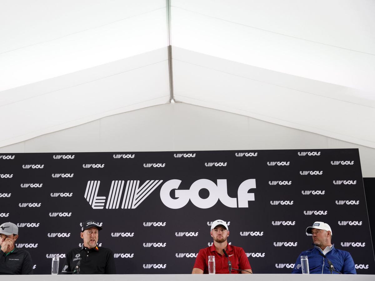 Ian Poulter, Sam Horsfield and Lee Westwood at a LIV Golf press conference
