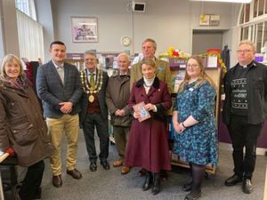From left: widow Wendy Brogden, Dan Thomas, Shropshire councillor, Duncan White, Mayor of Much Wenlock, Simon Brown, Councillor for Shipton, Brockton & Stanton Long, Mark Cavendish, Chairman Shropshire’s Mayflower Children, Selina Graham, High Sheriff Shropshire, Catherine Westwood, Much Wenlock Library, and The Rev Matthew Stafford, Rector Much Wenlock.