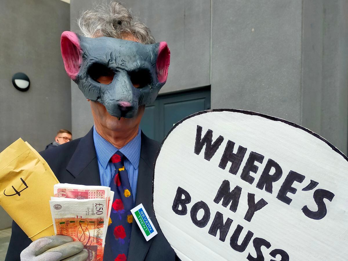 A protestor dressed as 'Corp Rat' at the demo at Severn Trent