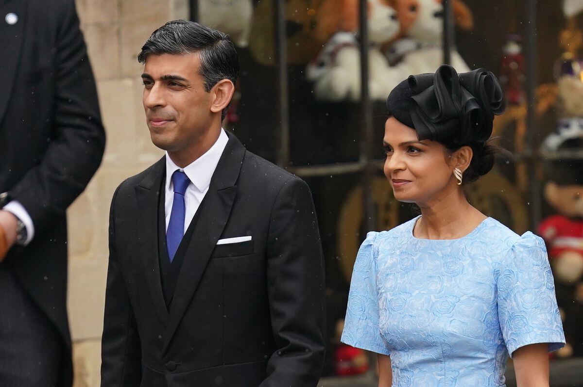 Prime Minister Rishi Sunak and his wife Akshata Murty arriving ahead of the coronation ceremony of King Charles III and Queen Camilla at Westminster Abbey. Photo: Jacob King/PA Wire.