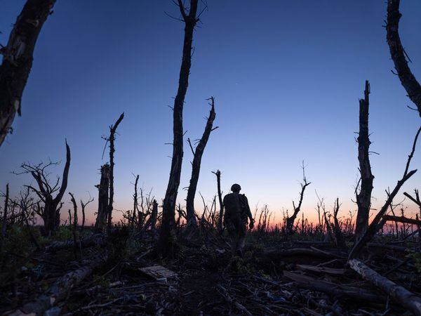 Ukrainian servicemen walk through a charred forest at the front line near Andriivka, Donetsk region, Ukraine