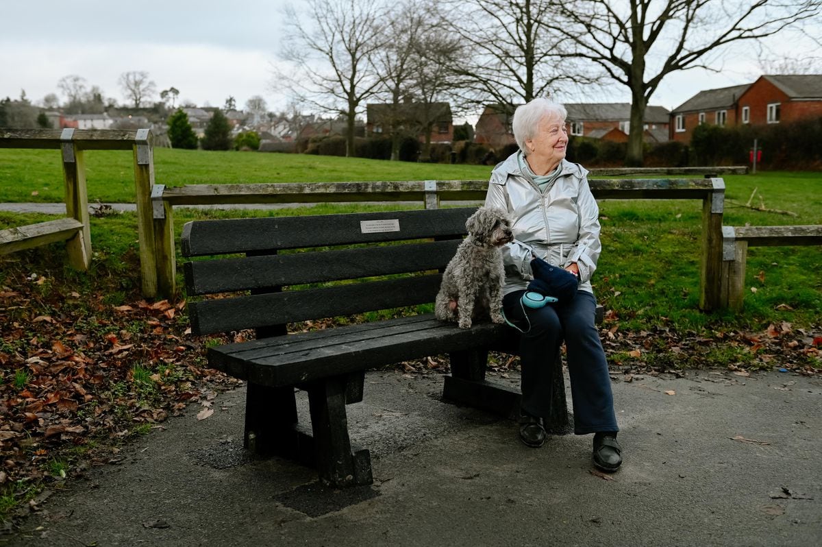 Pat Wainwright at the memorial bench installed for her husband Gordon, with their dog, Katie