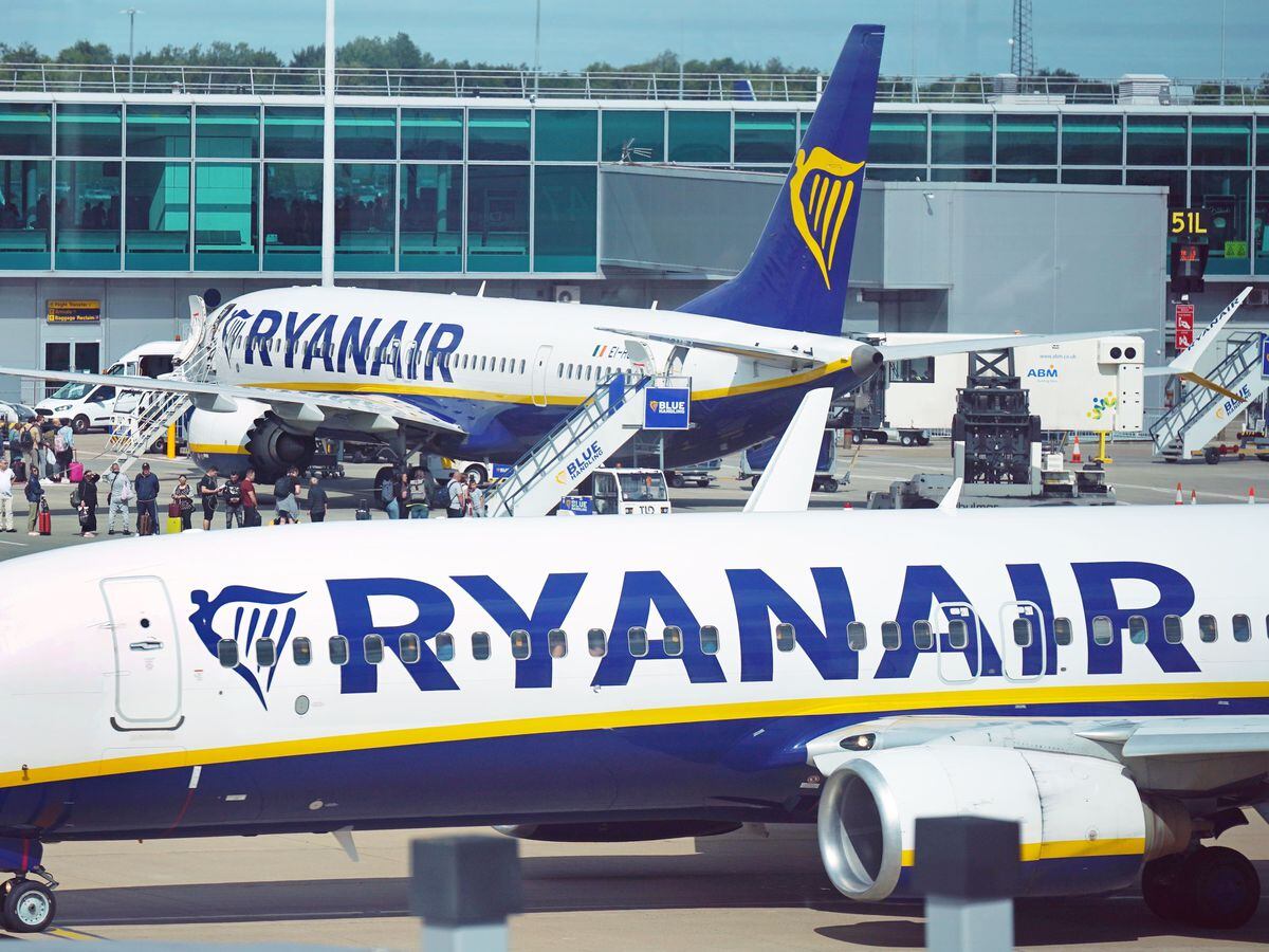 Ryanair planes at Stansted Airport, Essex.