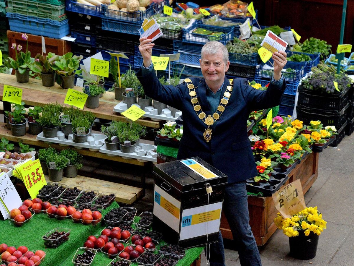 SHREW COPYRIGHT SHROPSHIRE STAR STEVE LEATH 29/03/2022..Pic in Shrewsbury at the Market Hall, where the Mayor: Julian Dean,  is calling for entrys for the peoples favourite stall..