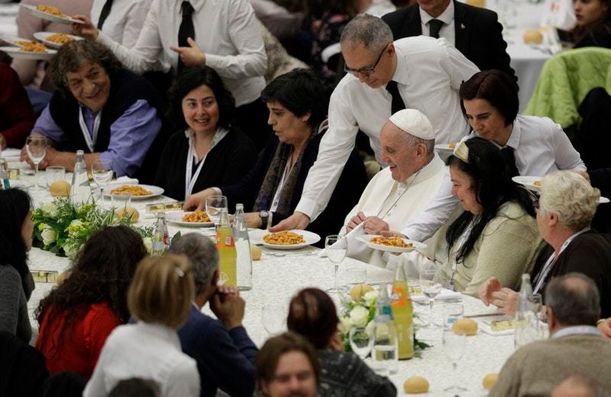 Pope Francis is served gnocchetti during a lunch at the Vatican. (AP)