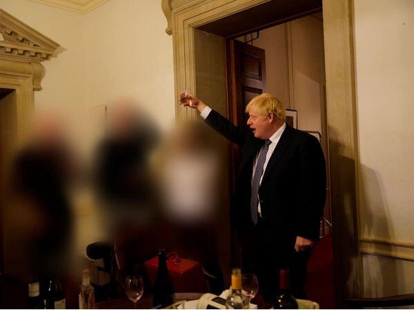 Boris Johnson at a gathering in 10 Downing Street for the departure of a special adviser, which was released with the publication of Sueâs Gray report