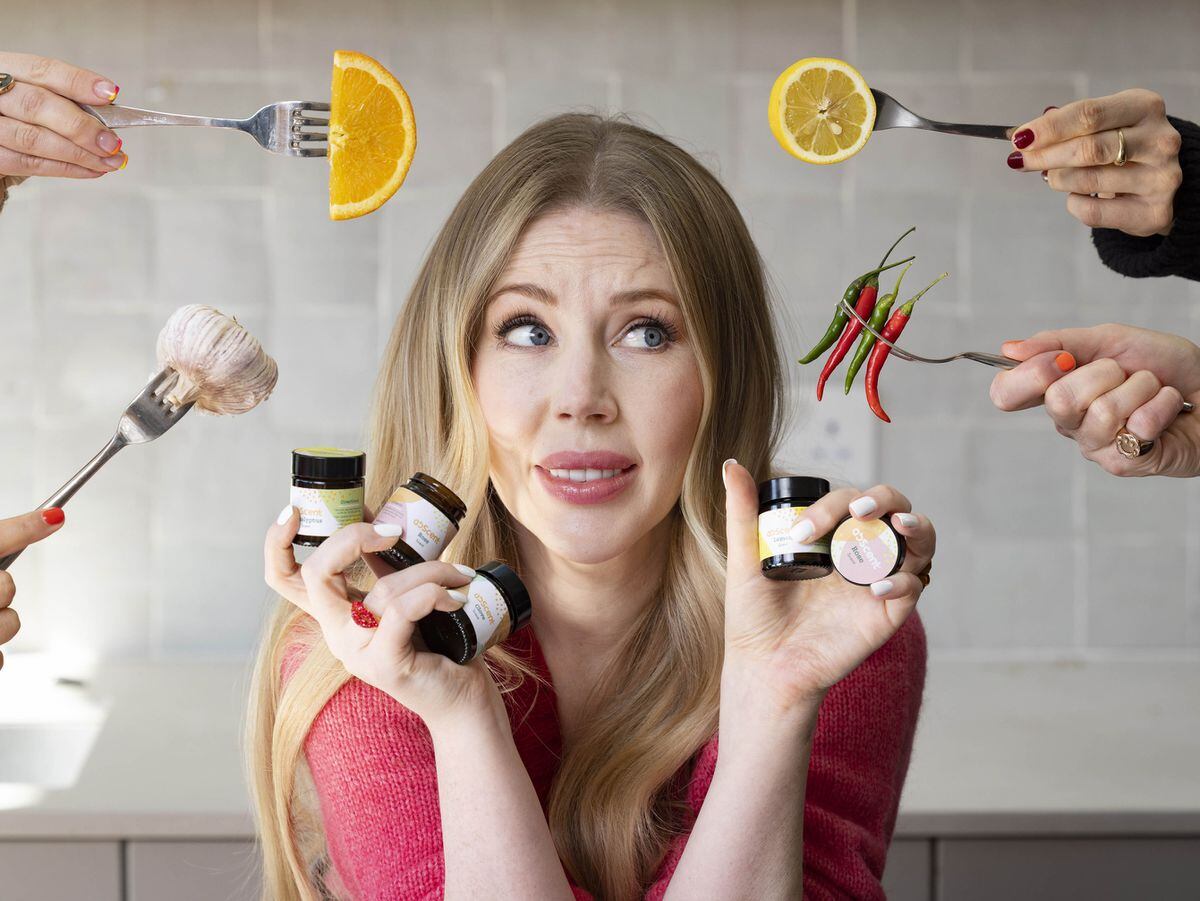 Katherine Ryan illustrating the limited-edition 'Flavour Saviour' kit, created by Gousto and smell loss experts AbScent