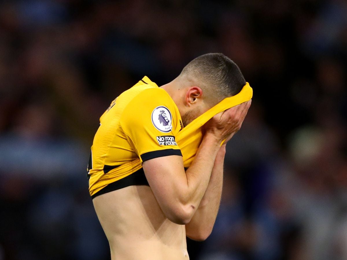
              
Wolverhampton Wanderers' Conor Coady reacts after Manchester City's Kevin De Bruyne scores his side's fourth goal of the game during the Premier League match at the Molineux Stadium, Wolverhampton. Picture date: Wednesday May 11, 2022. PA Photo. See PA story SOCCER Wolves. Photo credit should read: Bradley Collyer/PA Wire.


RESTRICTIONS: EDITORIAL USE ONLY No 
use with unauthorised audio, video, data, fixture lists, club/league logos or "live" services. Online in-match use limited to 120 images, no video emulation. No use in betting, games or single club/league/player publications.
            
