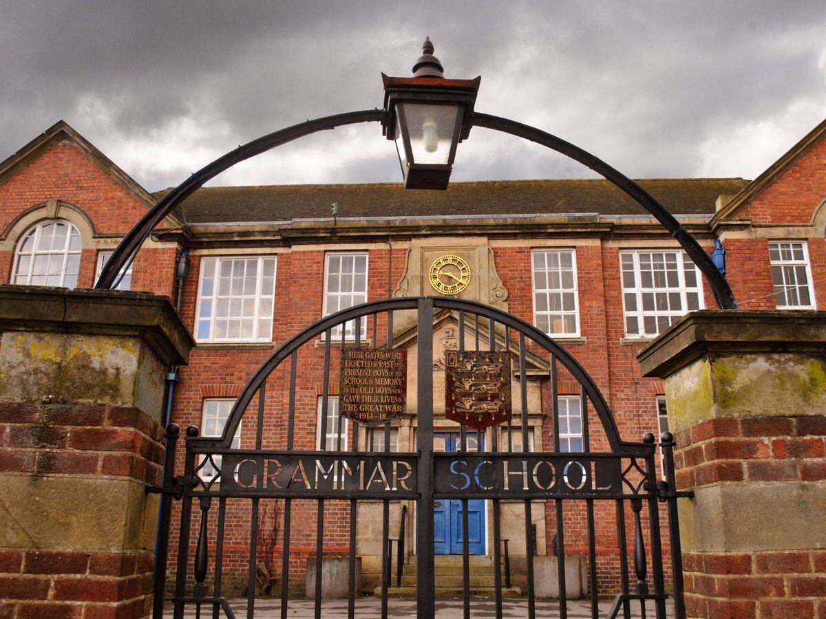 Front gates of Adams Grammar School building in Wem, Shropshire