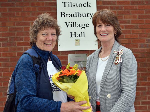 Julia Baron and the Lord-Lieutenant of Shropshire, Anna Turner, who presented Julia with flowers at the finish line 
