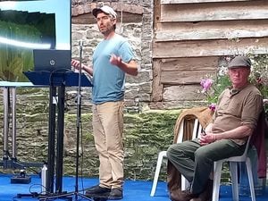 Fruit grower Tom Adams, of Weston Rhyn, on the conference platform with permaculture specialist Chris Evans 