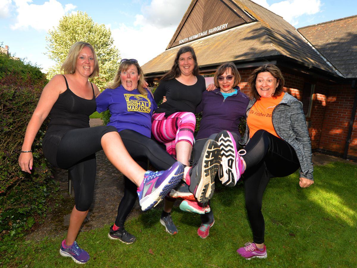 Getting ready for a charity trek are Shrewsbury surgery practice managers, from left, Annie Hill, Tracy Willocks, Caroline Brown, Mary Herbert, and Kim Richards.