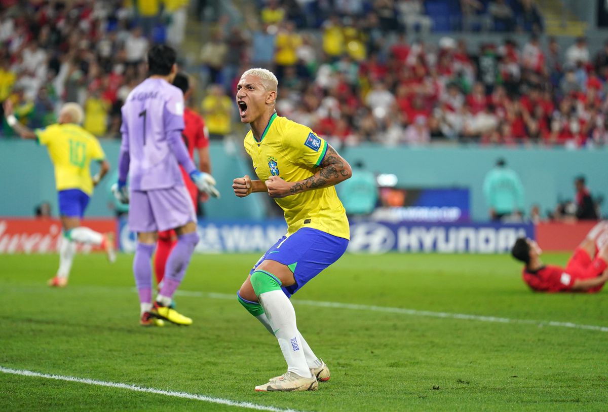Brazil's Richarlison celebrates scoring their side's third goal of the game during the FIFA World Cup Round of Sixteen match at Stadium 974 in Doha, Qatar. Picture date: Monday December 5, 2022.