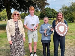 Hill Valley Junior Team with Shrewsbury Lady Captain Mary Saul. From left: Mary Saul, Harry Price, girls champion Lucy Crump and girls gross winner Lauren Crump