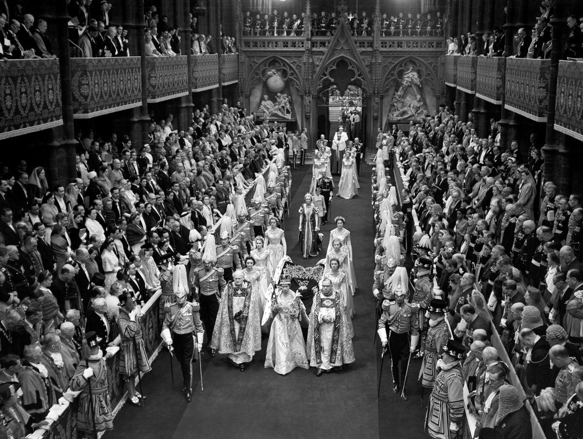 Queen Elizabeth II during her coronation in Westminster Abbey, London