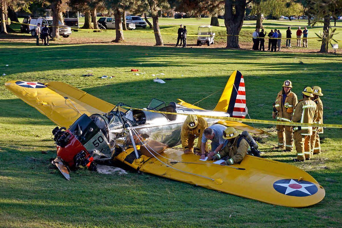 Harrison Ford crash-landed the airplane shortly after taking off from a nearby airport and reporting engine problems