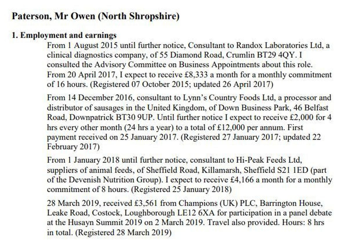 North Shropshire MP Owen Paterson's entry in the register of MPs' interests