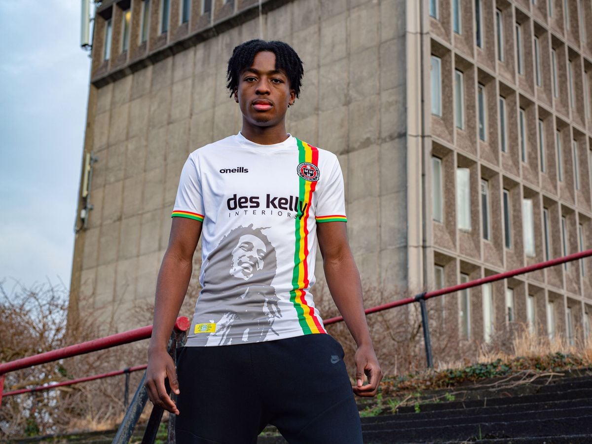 Bohemian FC's Promise Omochere models the kit for its launch