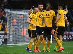 Diogo Jota of Wolverhampton Wanderers celebrates after scoring a goal to make it 1-0.