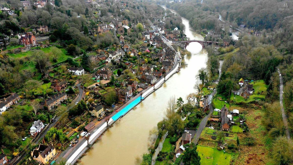Telford & Wrekin Council aerial photo showing flooding on River Severn in Ironbridge in March 2019