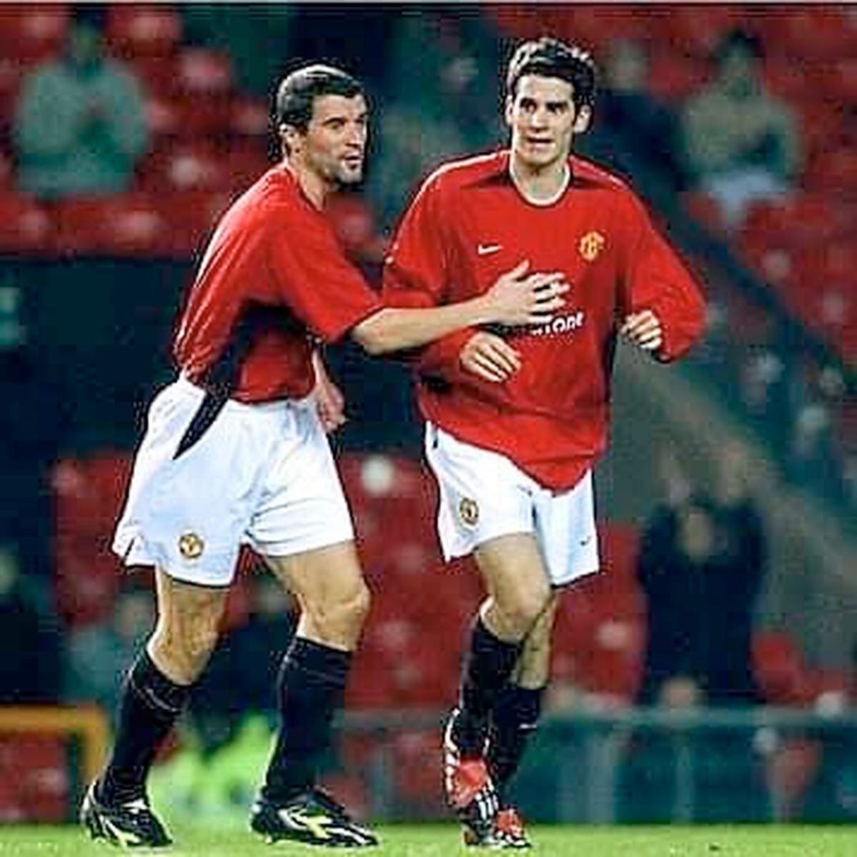Daniel Nardiello in action against Maccabi Haifia for Manchester United. Inset, with captain and club legend Roy Keane.