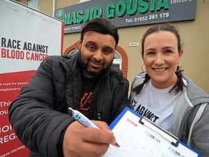 Imran's father, Ihsan and Race Against Blood Cancer community engagement manager Gemma Elsmore