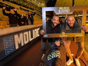 Pics at Molineux, Wolves for the sleepout. Carl Ikeme and Matt Murray and pictured and at the back MP Stuary Anderson, Mayor: Greg Brackenridge, BBC Presenter and Good Shepherd Ambassador: Natalie Graham and Tom Hayden from Good Shepherd