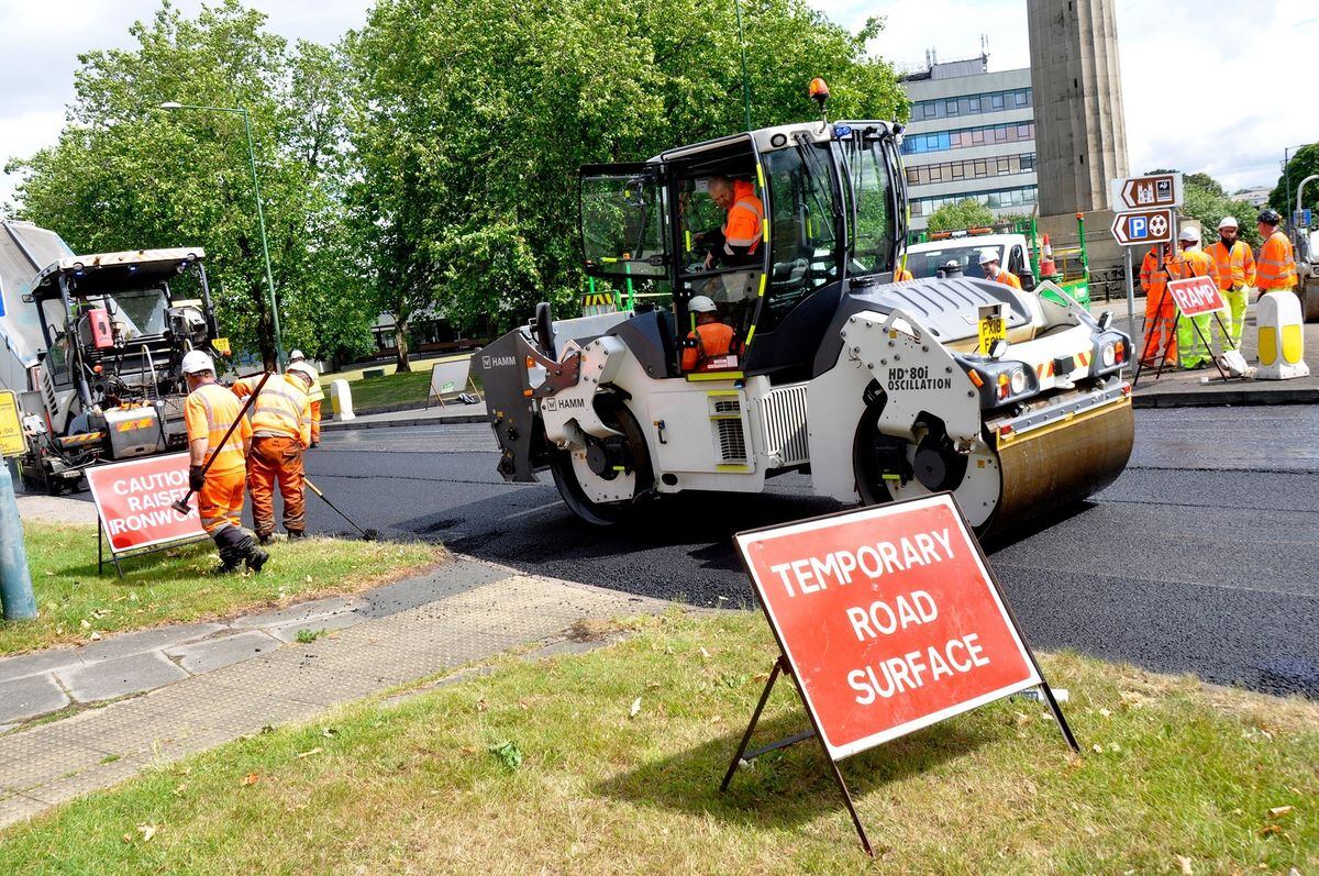 Road resurfacing work being carried out in Abbey Foregate, Shrewsbury. Photo: Shropshire Council