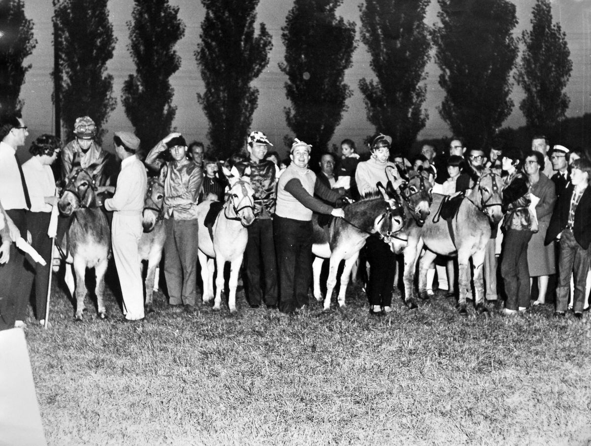 This was the line-up for a donkey derby staged by Oakengates Round Table, we think perhaps in the late 1960s. The location isn't given, but we'll guess it was in Hartshill Park.