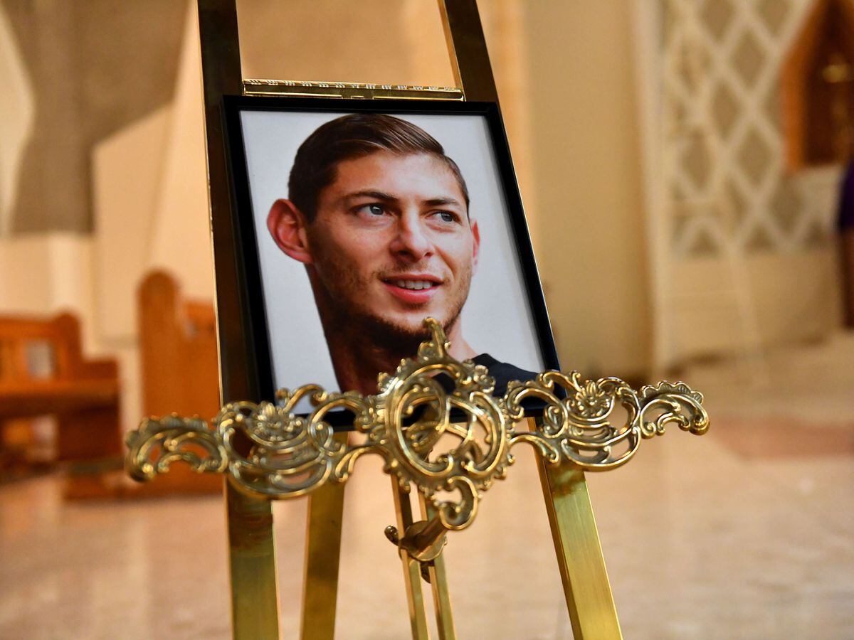 A portrait of Emiliano Sala is displayed at the front of St David’s Cathedral, Cardiff (Jacob King/PA)