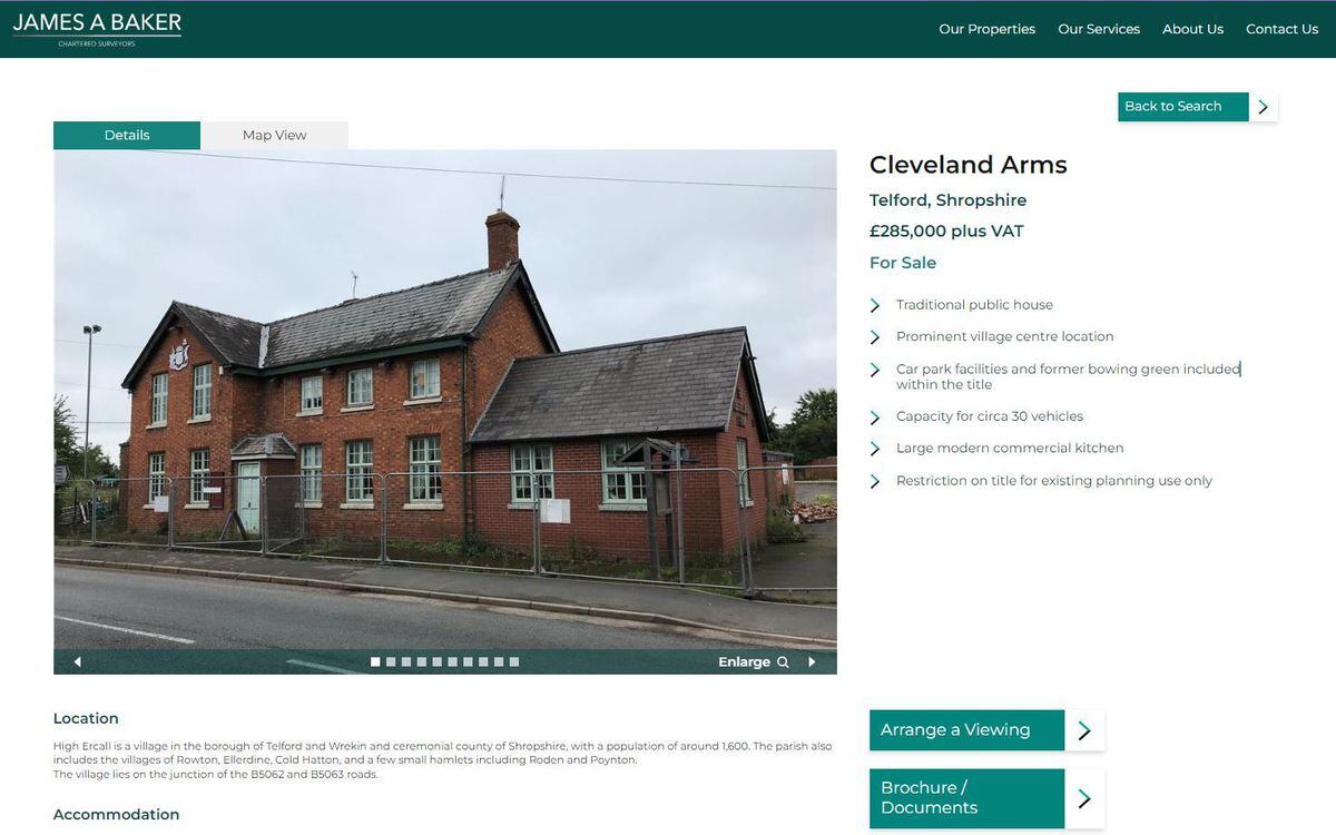 The Cleveland Arms listed for sale on the James A Baker website on October 13