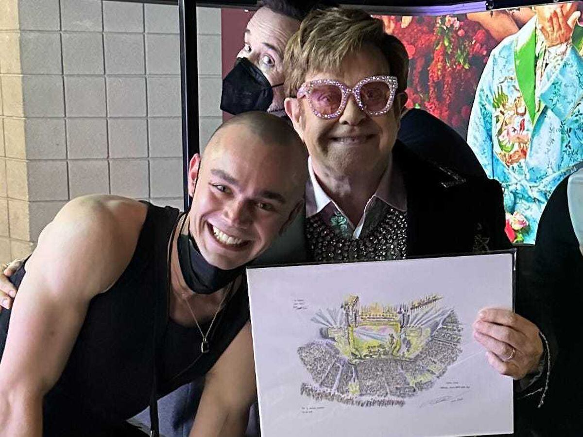 Left, a sketch by Chris Lloyd of Sir Elton John's Farewell Yellow Brick Road tour and, right, Mr Lloyd backstage with Sir Elton