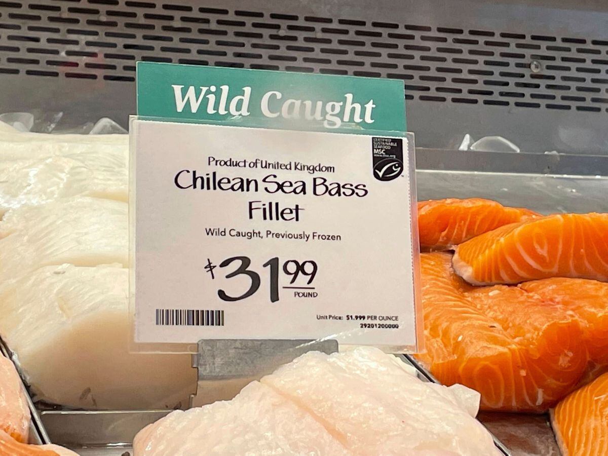 Fillets of Chilean sea bass caught near the UK-controlled South Georgia island are displayed for sale at a Whole Foods Market in Cleveland, Ohio on June 17 2022