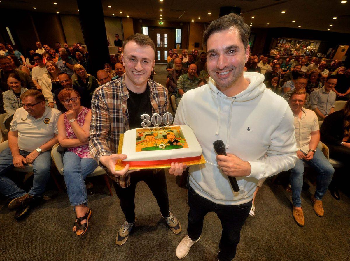 Liam Keen and Nathan Judah with a cake to celebrate the 300th E&S Wolves Podcast