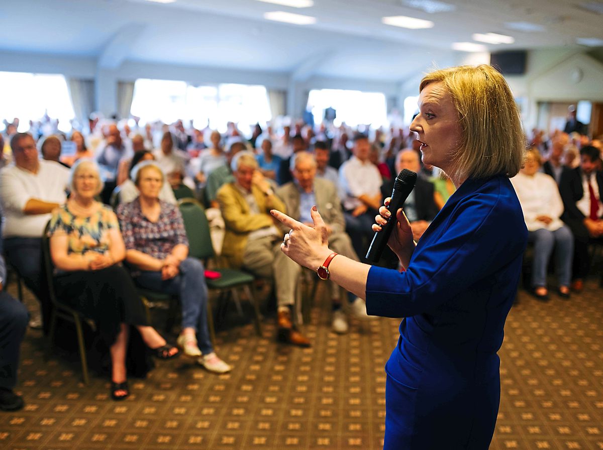 Liz Truss talking to Conservative supporters at Ludlow Racecourse