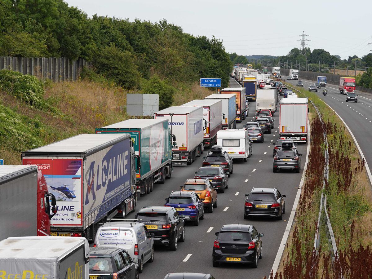 Traffic queuing on the M20 near Folkestone in Kent
