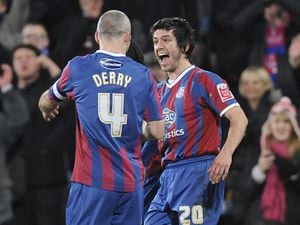 Crystal Palace's Danny Butterfield (right) celebrates completing his hatrick with his team mate Shaun Derry (left) during the FA Cup Fourth Round match at Selhurst Park, London. PRESS ASSOCIATION Photo. Picture date: Tuesday February 2, 2010. Photo credit should read: Rebecca Naden/PA Wire. RESTRICTIONS: Use subject to restrictions. Editorial print use only except with prior written approval. New media use requires licence from Football DataCo Ltd. Call +44 (0)1158 447447 or see www.pressassociation.com/images/restrictions for full restrictions.