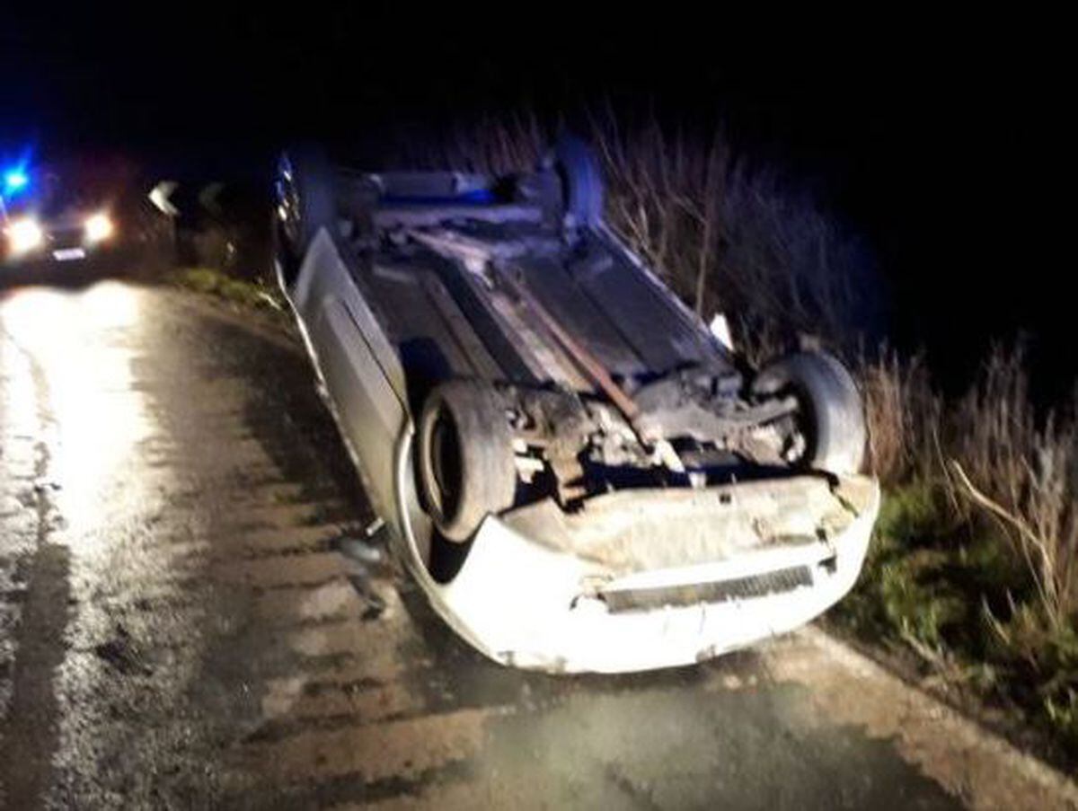 A car ended up on its roof after a crash on the A528 at Ellesmere