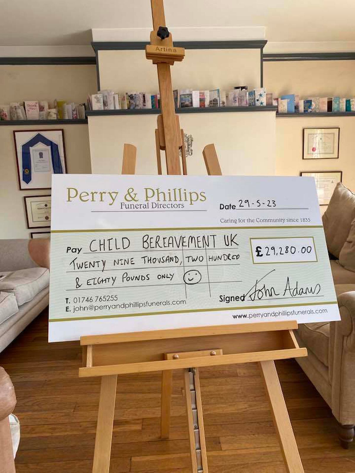 Mr Adams is set to present the cheque to Child Bereavement UK