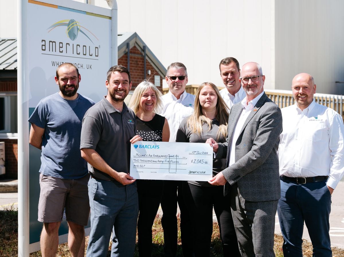 Staff at Americold in Whitchurch present a cheque for over £2,000 to Jon Cottrell of the Midlands Air Ambulance Charity 