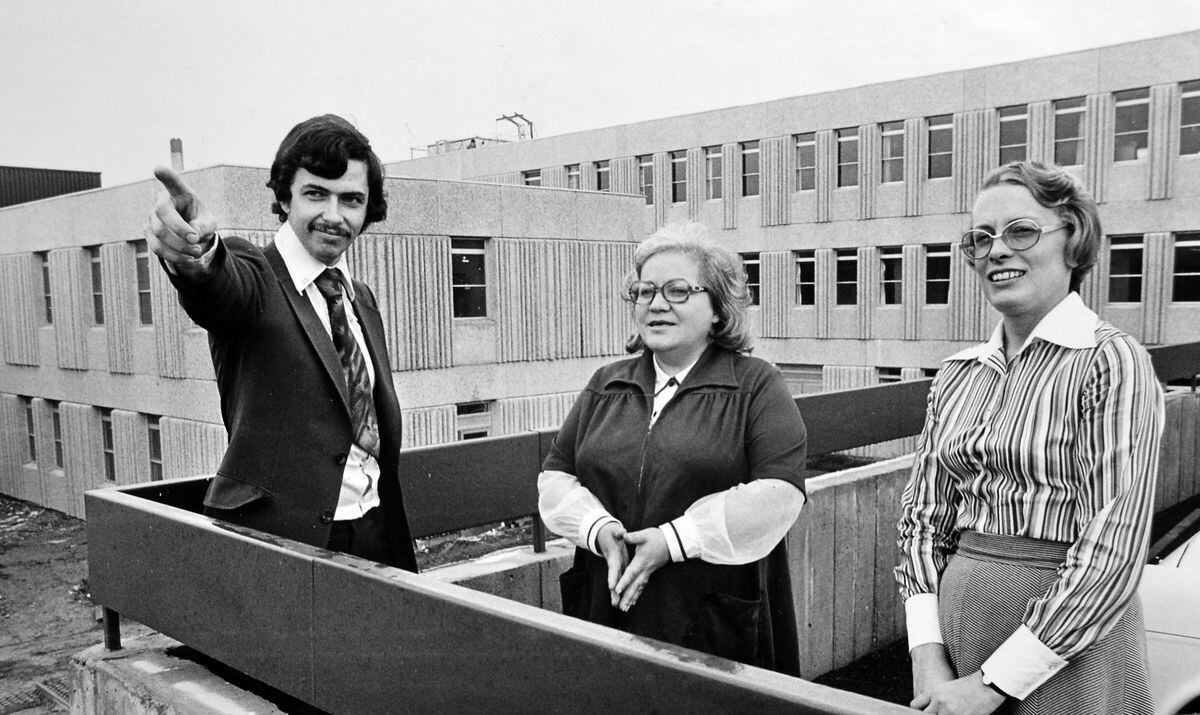 In October 1976 the countdown was continuing to the opening of a new district general hospital at Copthorne, Shrewsbury. Here, outside the new outpatients unit, are from left, Libby Hamer, Paul Knight, and Catherine Furness. The new hospital would become the Royal Shrewsbury Hospital.