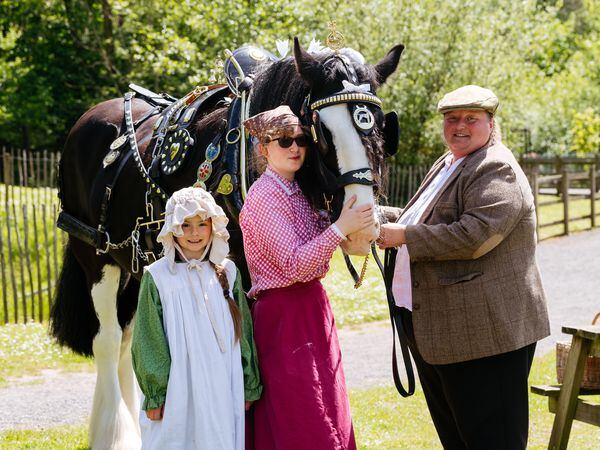 Heavy Hose Weekend at Blists Hill Museum in Telford. In Picture: Cora Evans 10, Anja Morris 11, Brad the 12 year hold Shirehorse and Selina Berridge from Redditch.