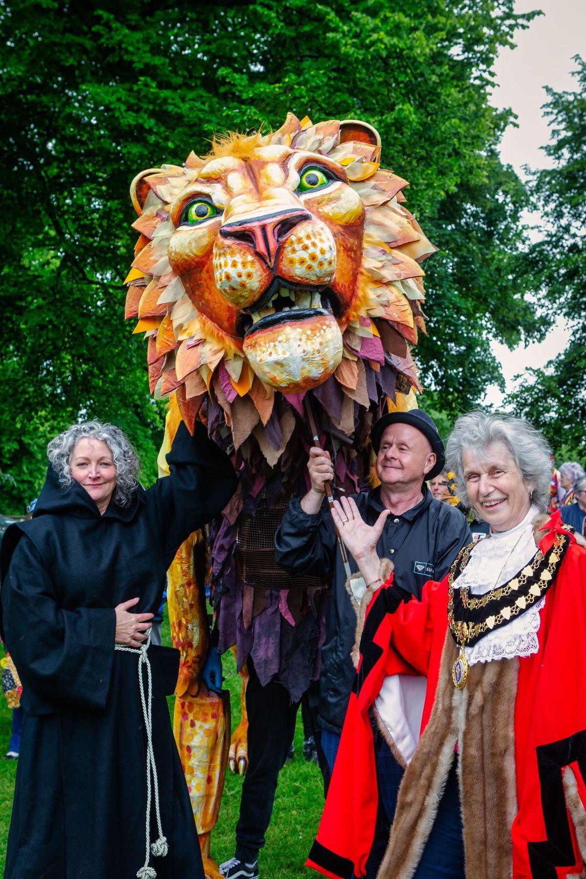 St Edfrith, Fetch Director, Andrew Purvin and Leominster Mayor Trish Marsh with the Leominster Lion June 2022. Picture: Richard Shakespeare
