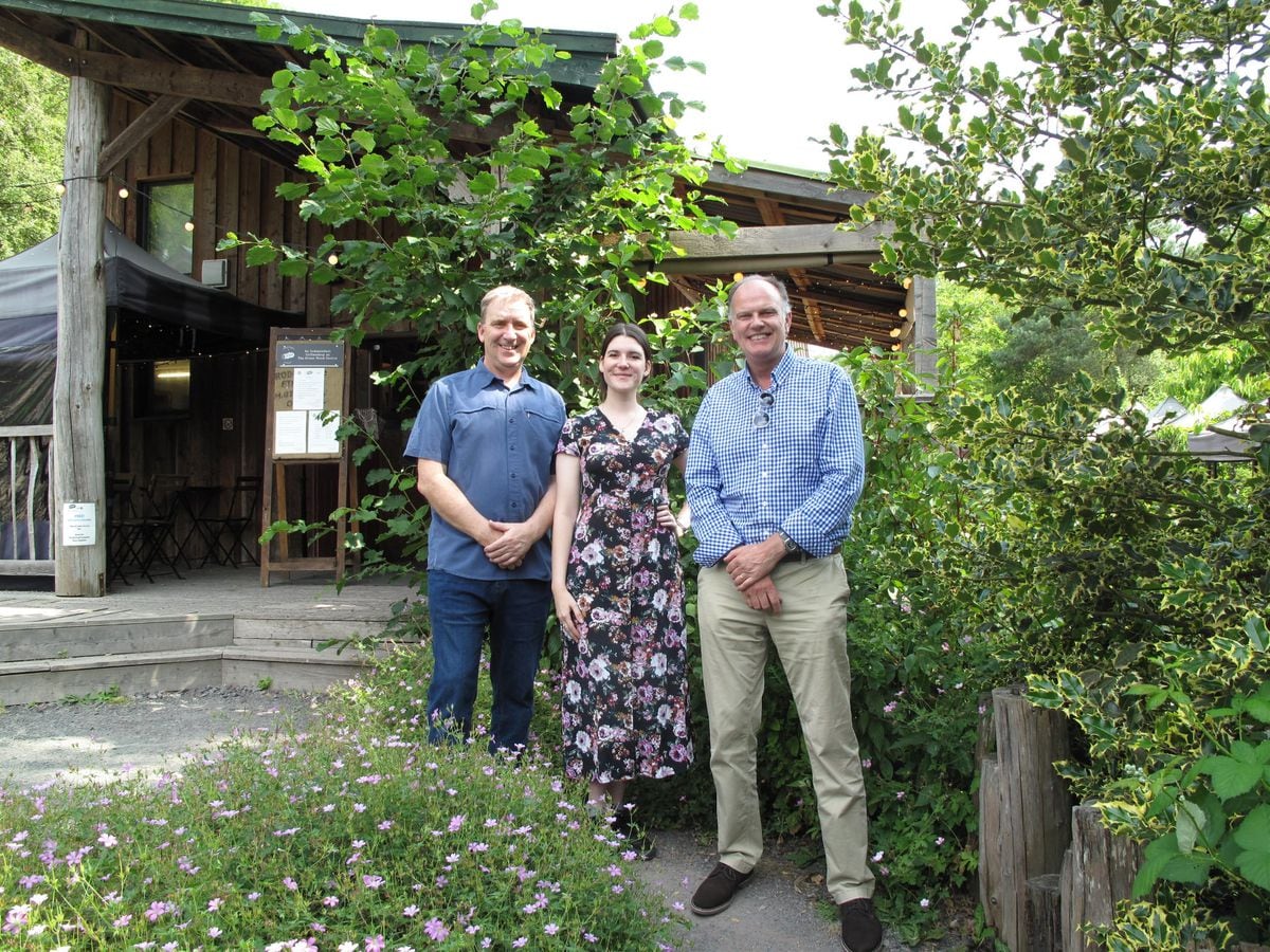 Jason Grant (left), Jody-Lea Grant-DixWilliams (centre) of J Grant Catering, and Alastair Godfrey (right) Historic England, Project Lead for Shrewsbury Flaxmill Maltings, outside the Green Wood Cafe. 