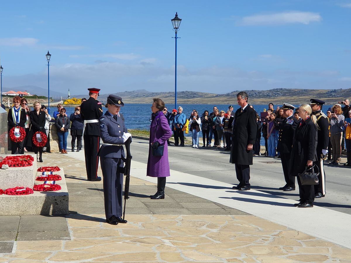 Princess Anne laid a wreath at the 1982 Liberation Memorial in Port Stanley