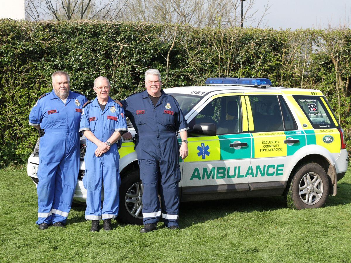 Eccleshall First Responders, Martin Watson, Robert Carruthers and Simon O' Brien, pictured next to a response vehicle