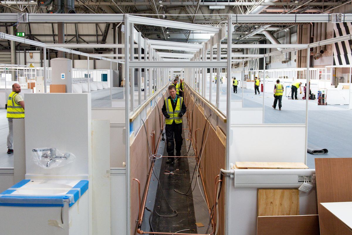Work continues at the new temporary NHS Nightingale Birmingham Hospital at the NEC, which is being built to provide care for an increased number of patients requiring treatment during the COVID-19 pandemic