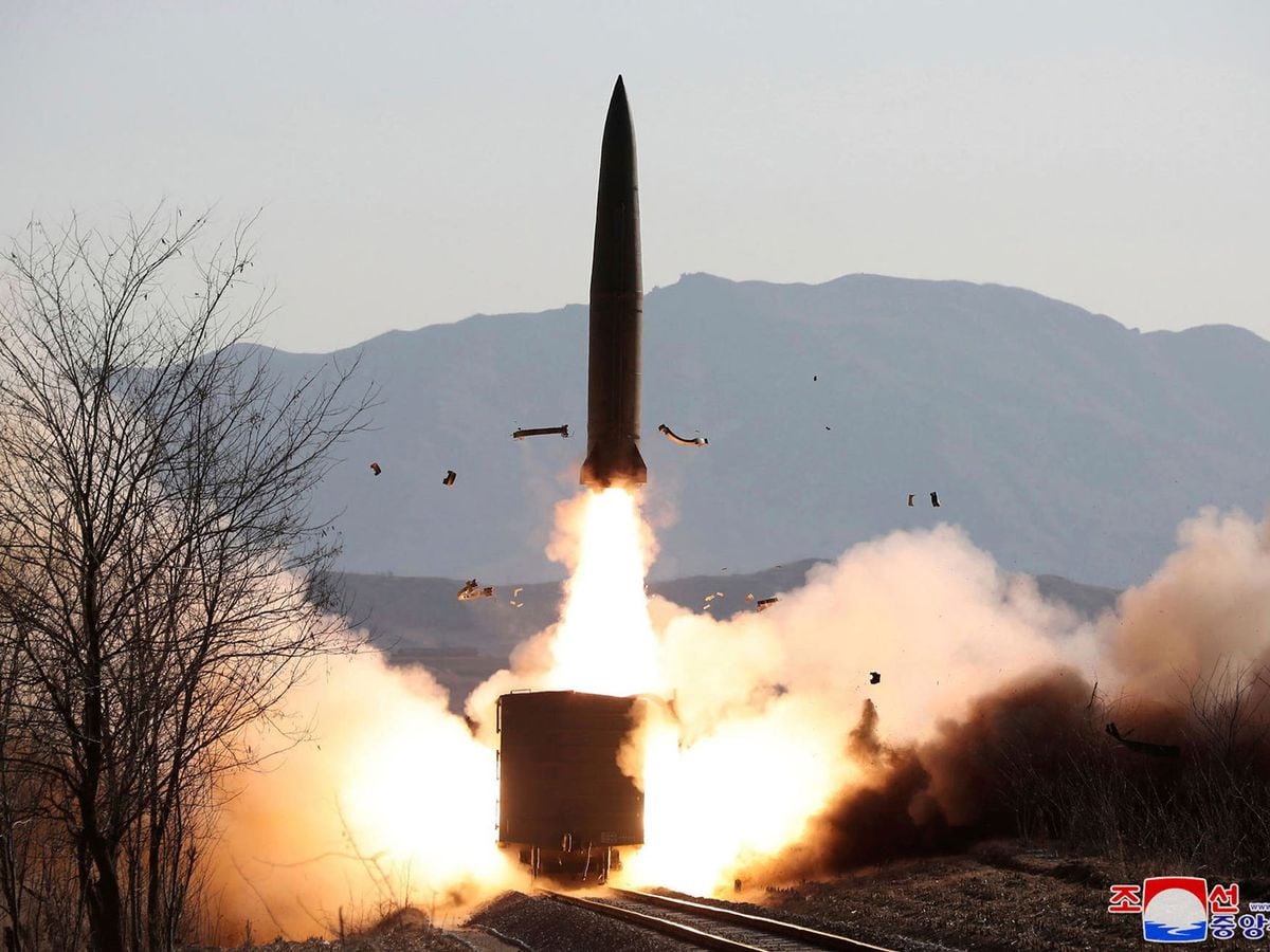 This photo provided on Saturday, Jan. 15, 2022, by the North Korean government shows a missile test from railway in North Pyongan Province, North Korea, on January 14, 2022.