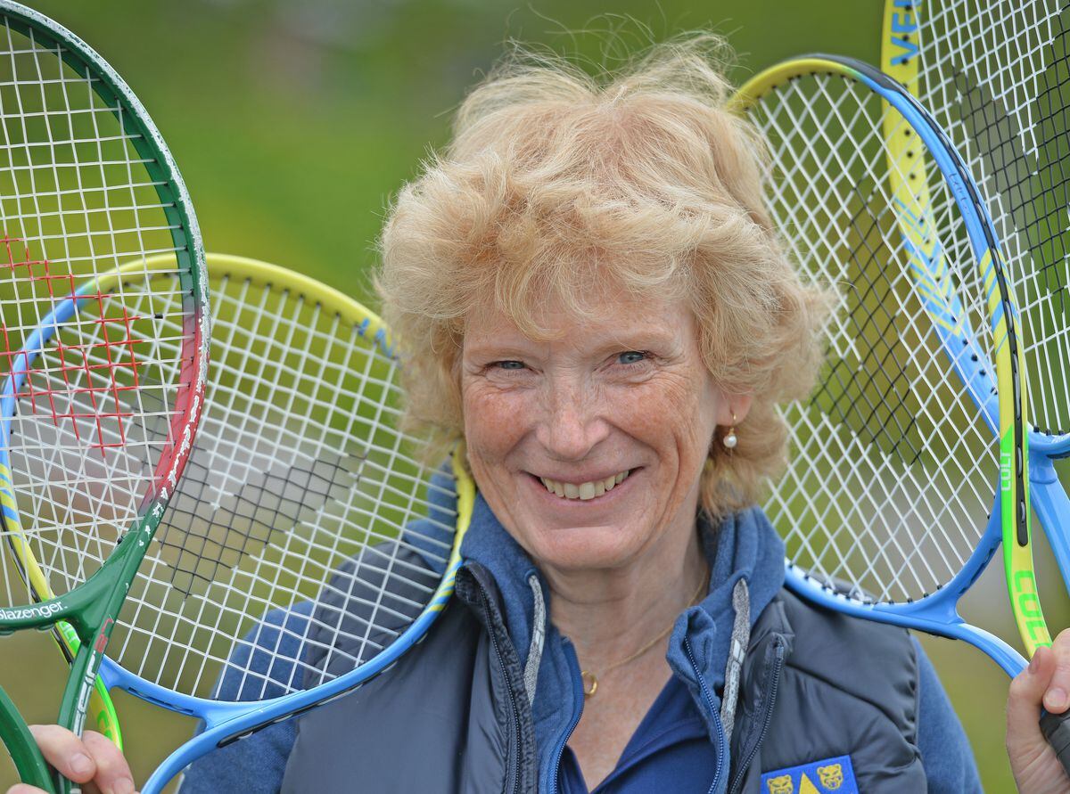 LAST COPYRIGHT TIM STURGESS SHROPSHIRE STAR...... 08/05/2021   Shrewsbury sports village Over 55s fitness festival, they're doing yoga, walking football and other activities. Pictured, from Tennis Shropshire , Fiona Jones..